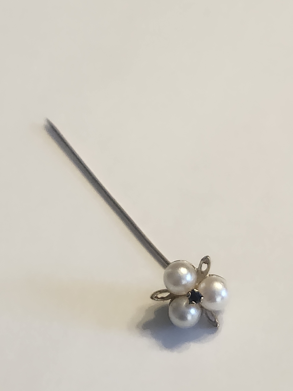 Antique 9K Gold Stick Pin With Cultured Pearls And Blue Semi Precious Gemstone